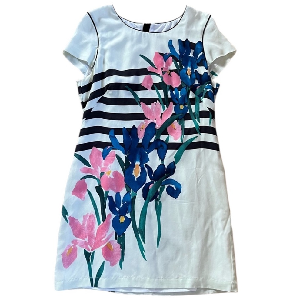 Corey Lynn Calter Silk Blend Zip Shift Dress, Watercolor Flowers Striped, Size 8
